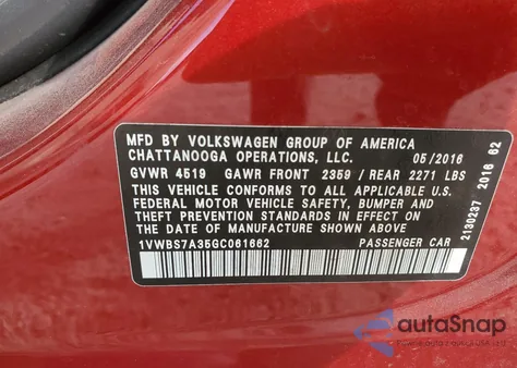 2016 Volkswagen Passat Se from USA, damaged, VIN 1VWBS7A35GC061662